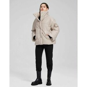LATTELIER Puffer Jacket Cream Beige Faux Leather High Neck Oversized Women Small